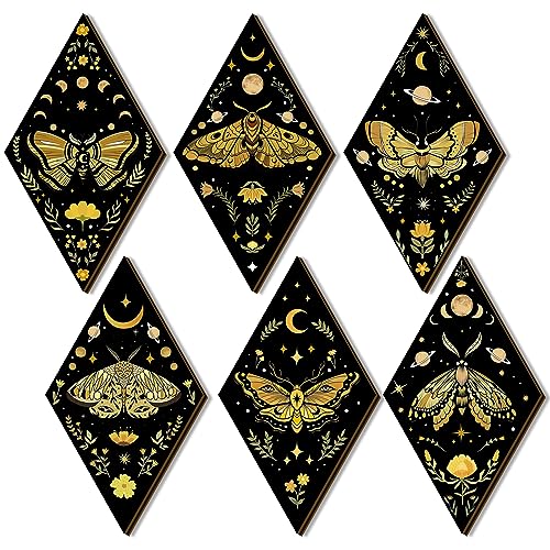 6-Piece Gothic Moth Wall Art Set, Wooden Boho Sun and Moon Hanging Decor