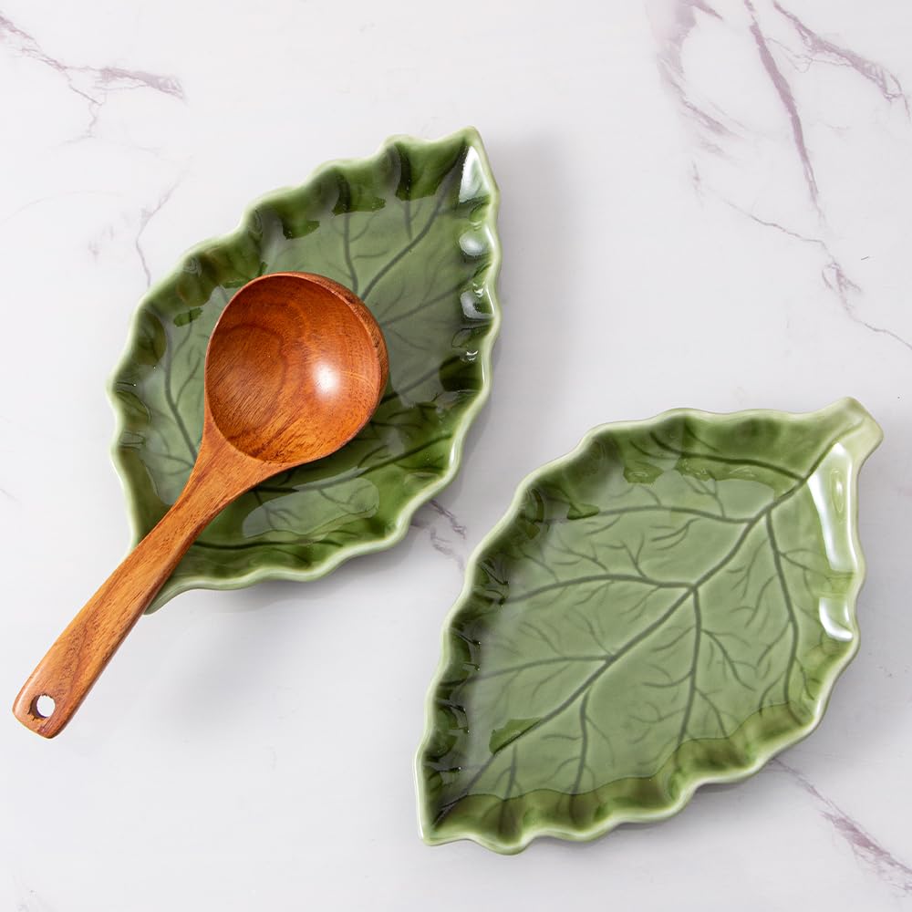 YumiPLUS Ceramic Leaf Shape Spoon Rest for cooking, Cute Green Cooking Spoon Holder for Stove Top,Large Porcelain Spatula Rest for Kitchen Counter, Farmhouse Kitchen Decor (green)