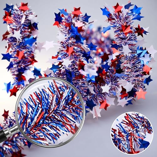 Patriotic Red White Blue Tinsel Garland with Stars - 52.5ft 4th of July Decor