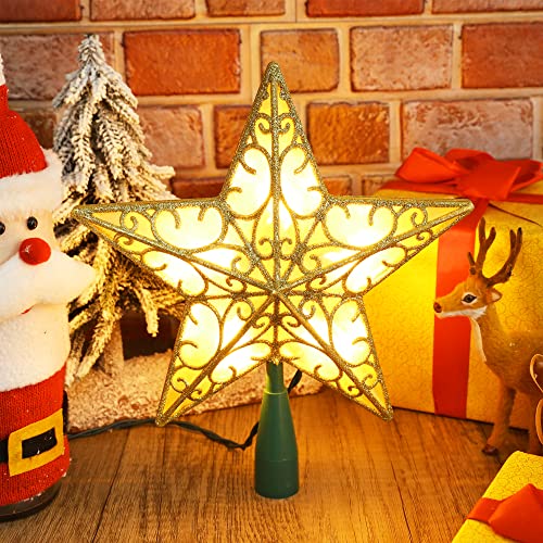 Gold Lighted Christmas Tree Topper - 9.5" 3D Dual-Sided Star with 10 Lights