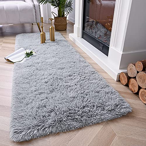 Soft Fluffy Runner Rug 2x6, Non-Slip Grey Shag Carpet for Bedroom or Nursery