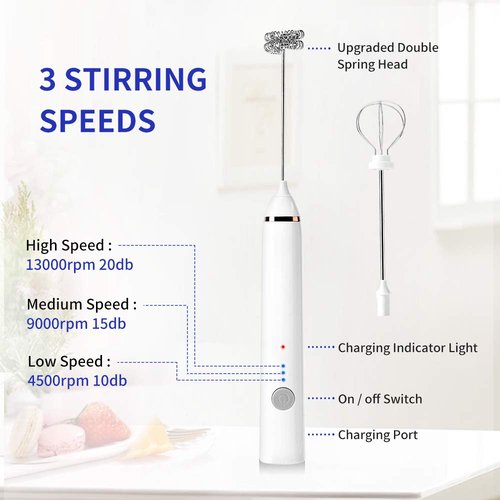 Milk Frother, Rechargeable hand-Held Electric Milk Frother 3 Adjustable USB Charging Can Be Used forBulletproof Coffee Protein Drinks Matcha Coffee Whisk (White)