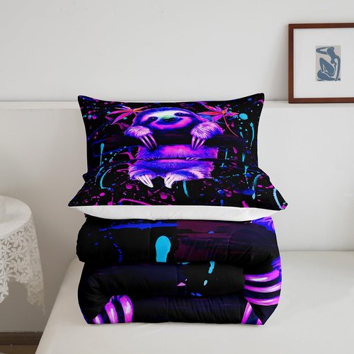 Feelyou Graffiti Sloth Bedding Set - Cute Cartoon Sloth Comforter & 2 Pillow Cases - Queen Size