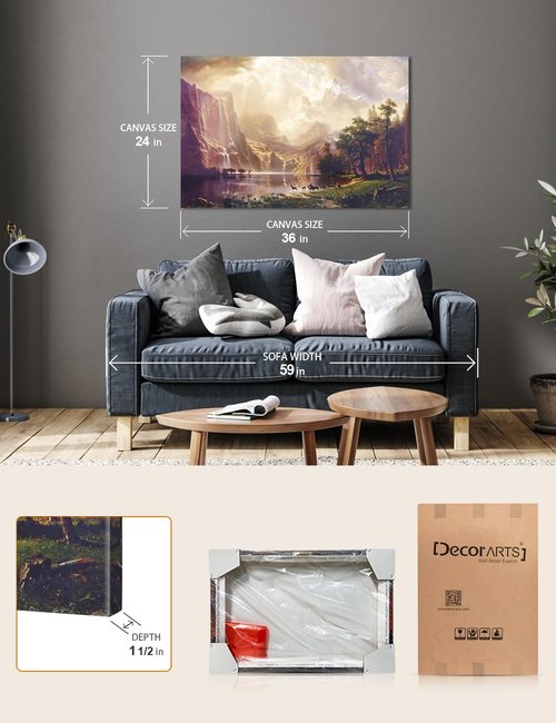 DECORARTS - Albert Bierstadt Among the Sierra Nevada California Giclee Canvas Print Wall Art, Mountain Landscape Decor, Made in USA 36x24