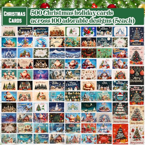 AmazingSpark 500-Card Christmas Card Set with Envelopes, Stickers - 100 Designs, 500 Pieces