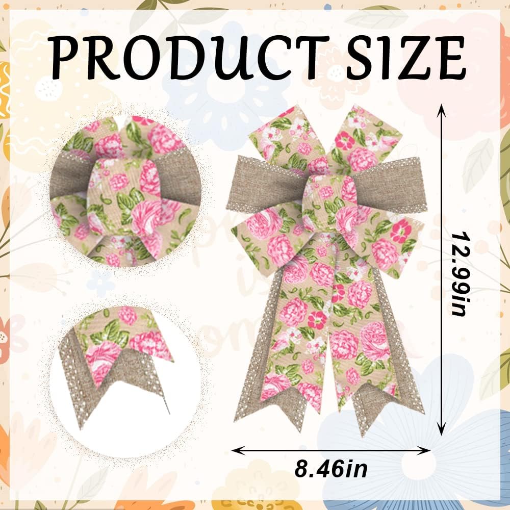 Skiennix Spring Wreath Bows - Pink Roses & Burlap Ribbon | 2-Piece Set for Indoor/Outdoor Decor