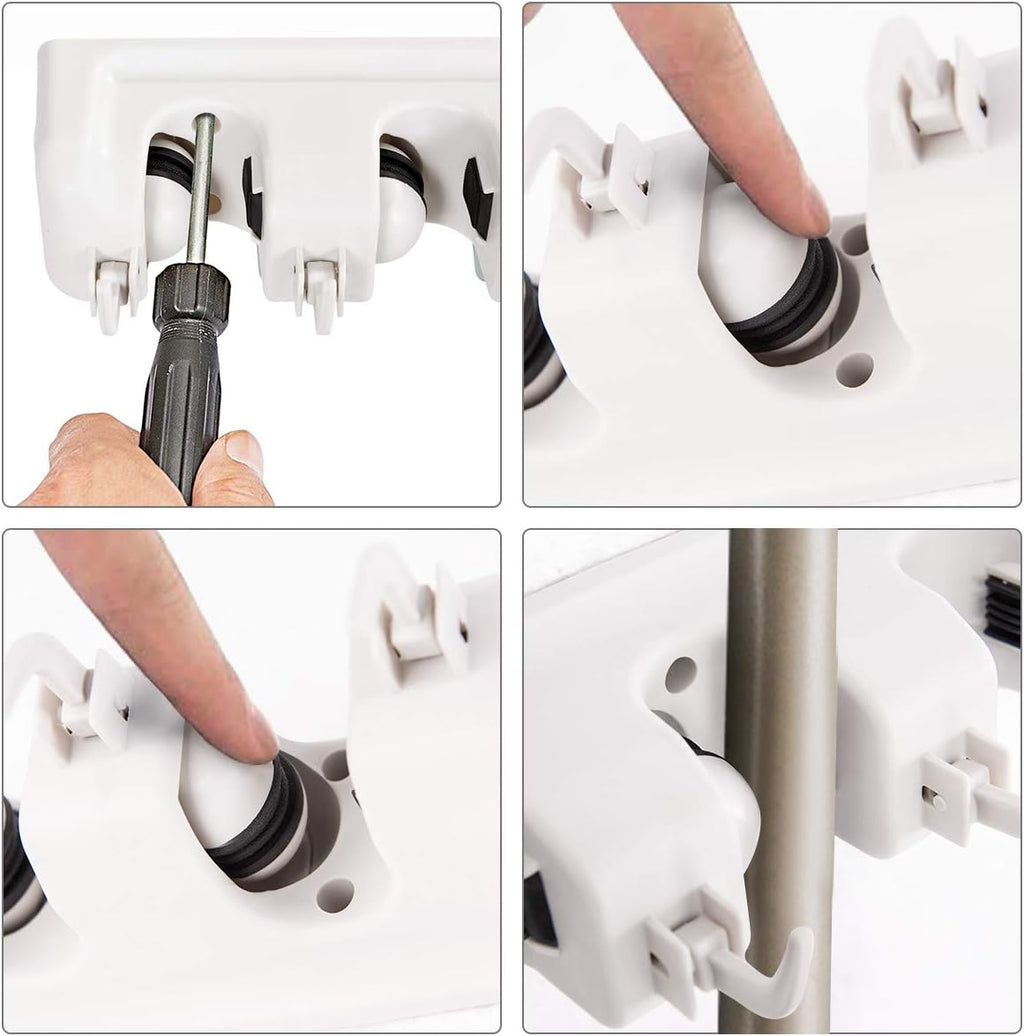 Tangkula Wall Mount Broom Holder - 5 Slot Organizer with 6 Hooks for Home, Kitchen & Garage Storage (White)
