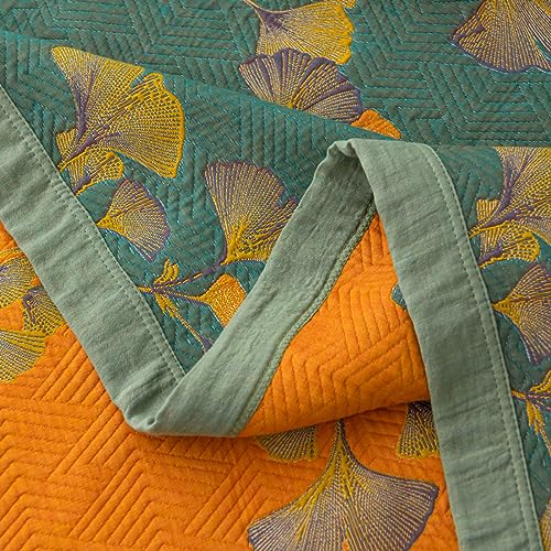 100% Cotton Jacquard Quilt - Floral Ginkgo Leaves Print, Reversible Bedspread for Full/Queen Beds (78"x94")