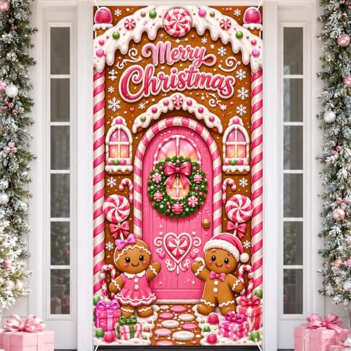Pink Gingerbread Door Cover - 72x35 in Gingerbread Christmas Banner, Noravexil
