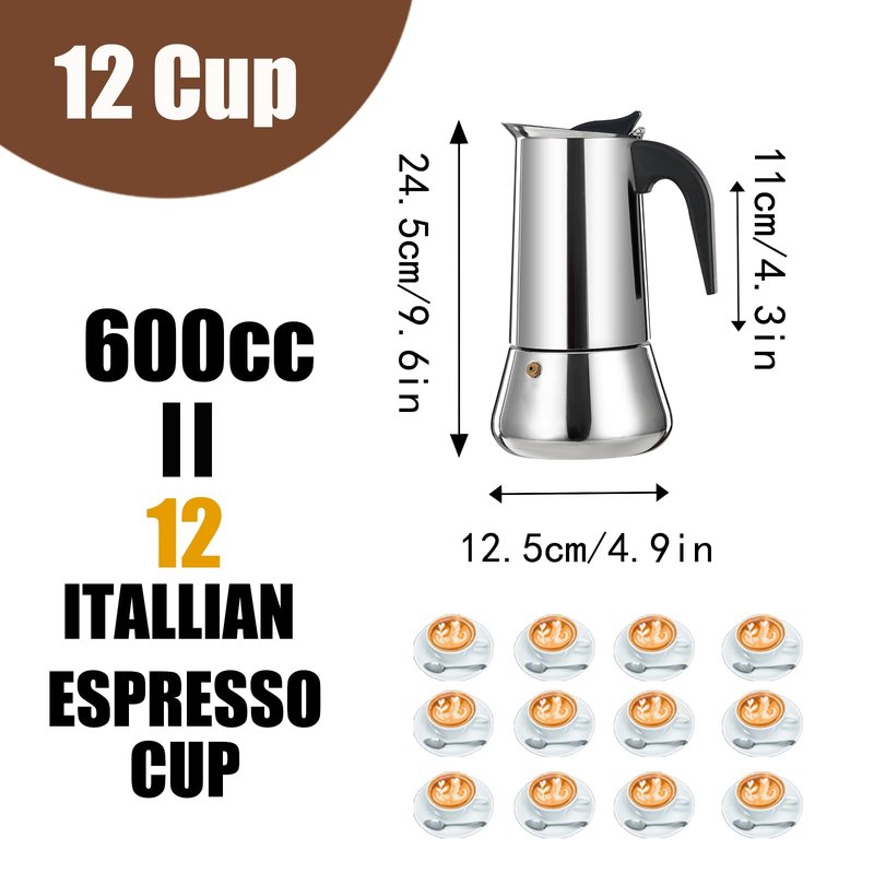 DITOSH 12 Cup Stovetop Espresso Maker Stainless Steel Moka Pot Stove Top Percolator Italian Coffee Makers Capable Mocha Greca Machine Cafe Classic Induction Cookers for Home and Camping 600ml 20oz