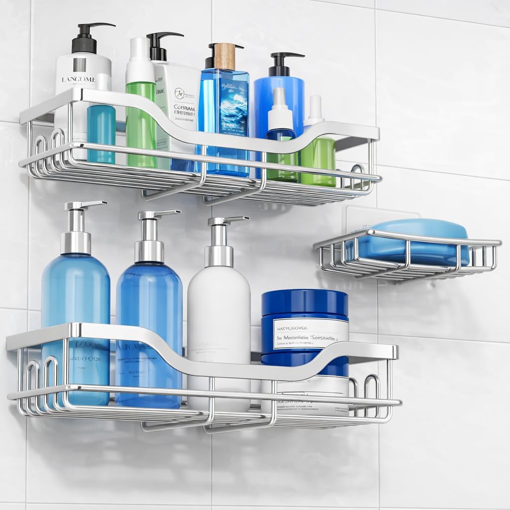 OMAIRA Shower Caddy - 3-Pack Rustproof Organizer with Soap Holder for Smooth Walls & Glass Tile - Silver (Large)