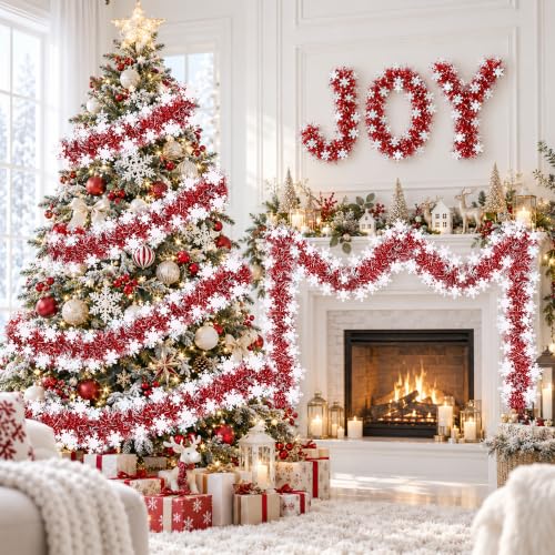 Sakayo 50FT Red & White Christmas Tinsel Snowflake Garland, Indoor Outdoor Holiday Decor