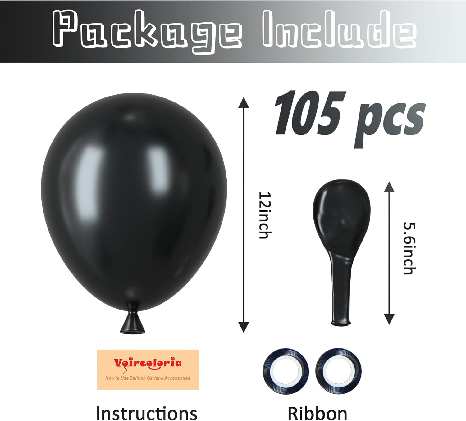 Voircoloria 12-Inch Black Latex Balloons - 105-Pack for Birthday, Graduation & Holiday Celebrations