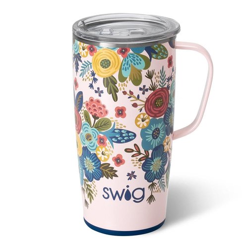 Swig Life 22oz Travel Mug, Insulated Tumbler with Handle and Lid, Cup Holder Friendly, Dishwasher Safe, Stainless Steel, Travel Coffee Cup, Insulated Mug with Lid (Bella Rosa)