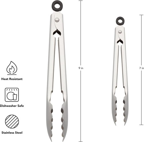 KitchenAid Stainless Steel Tongs Set - Durable Scalloped Edges, Easy Lock | 7-Inch & 9-Inch Silver
