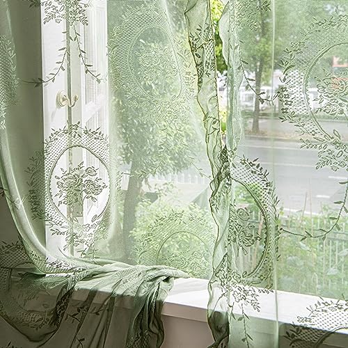 Olive Green Lace Curtains 57W x 72L two panels, farmhouse embroidery, 3