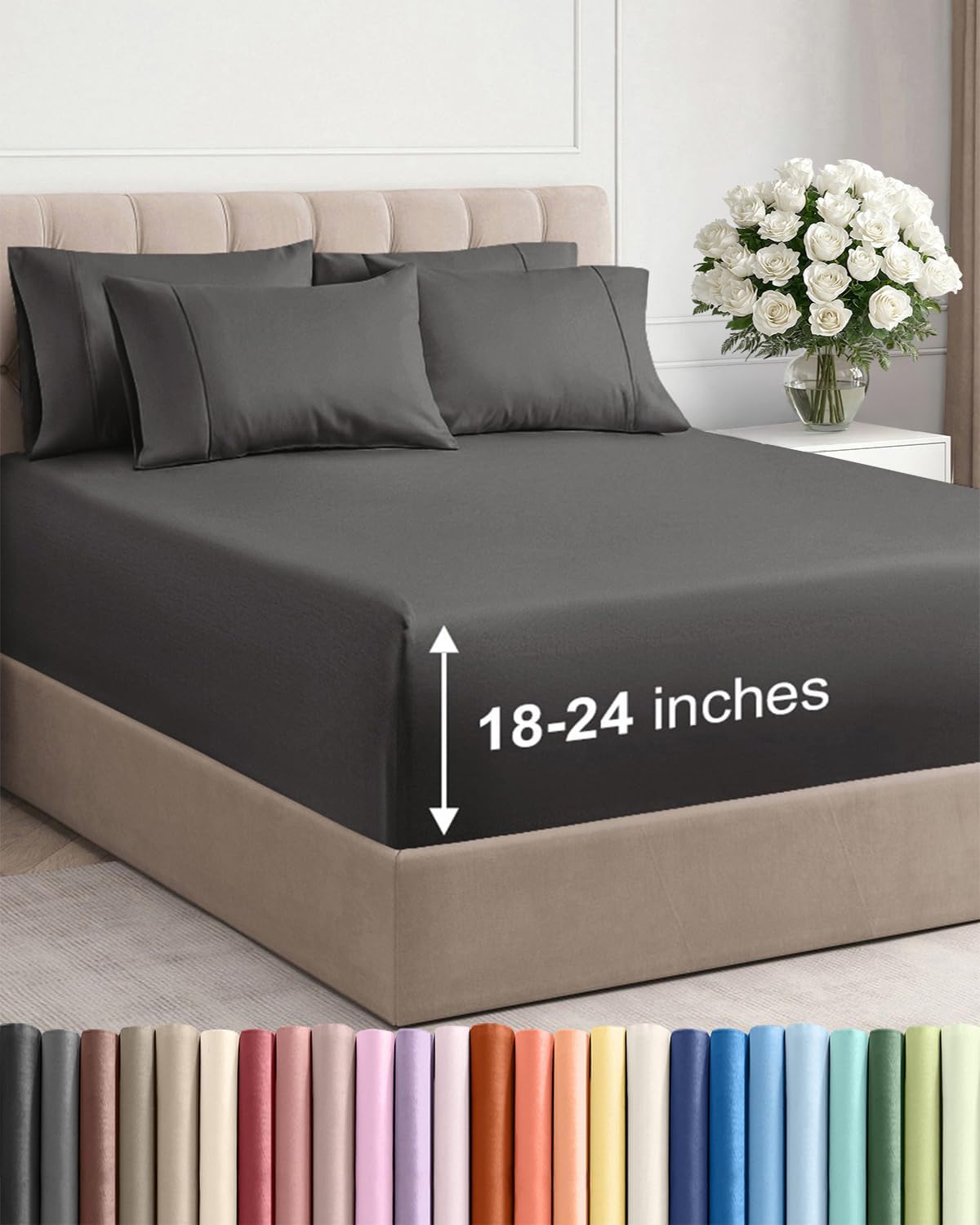 Skiennix Extra Deep Cal King Sheet Set | 6-Piece Breathable Cooling Bedding - Soft, Wrinkle-Free Charcoal