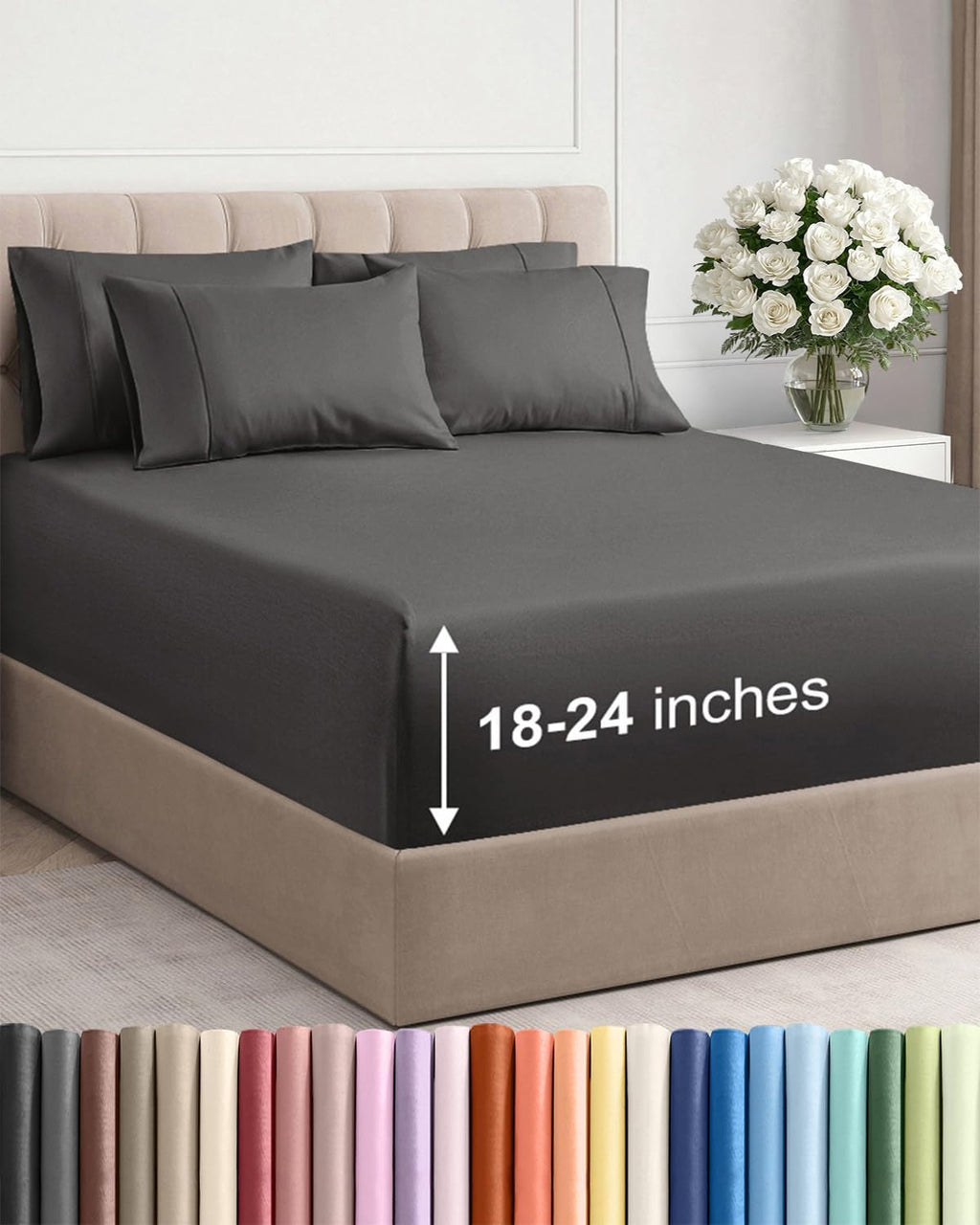 Skiennix Extra Deep King Sheet Set - 6 Piece Breathable Cooling Bedding - Soft Wrinkle-Free Charcoal