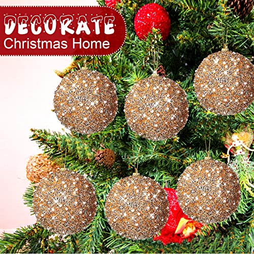 Champagne 6-Piece Christmas Ball Ornaments 4in Glitter Pearls Foam PVC