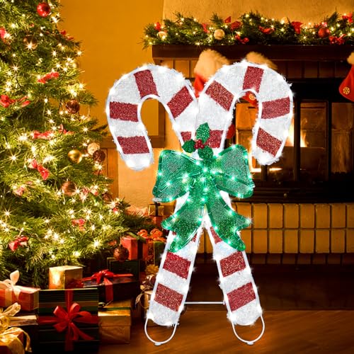 Wonder Solar 1.6FT x 2.5FT Lighted Christmas Candy Cane Decoration with Green Bow
