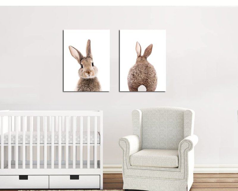 Mokihidream Nursery Wall Art Bunny Rabbit Canvas Print Wall Decor Woodland Animal Posters Kids Room Set of 2 Bedroom Decoration Bunny Rabbit Pictures Framed Wall Art