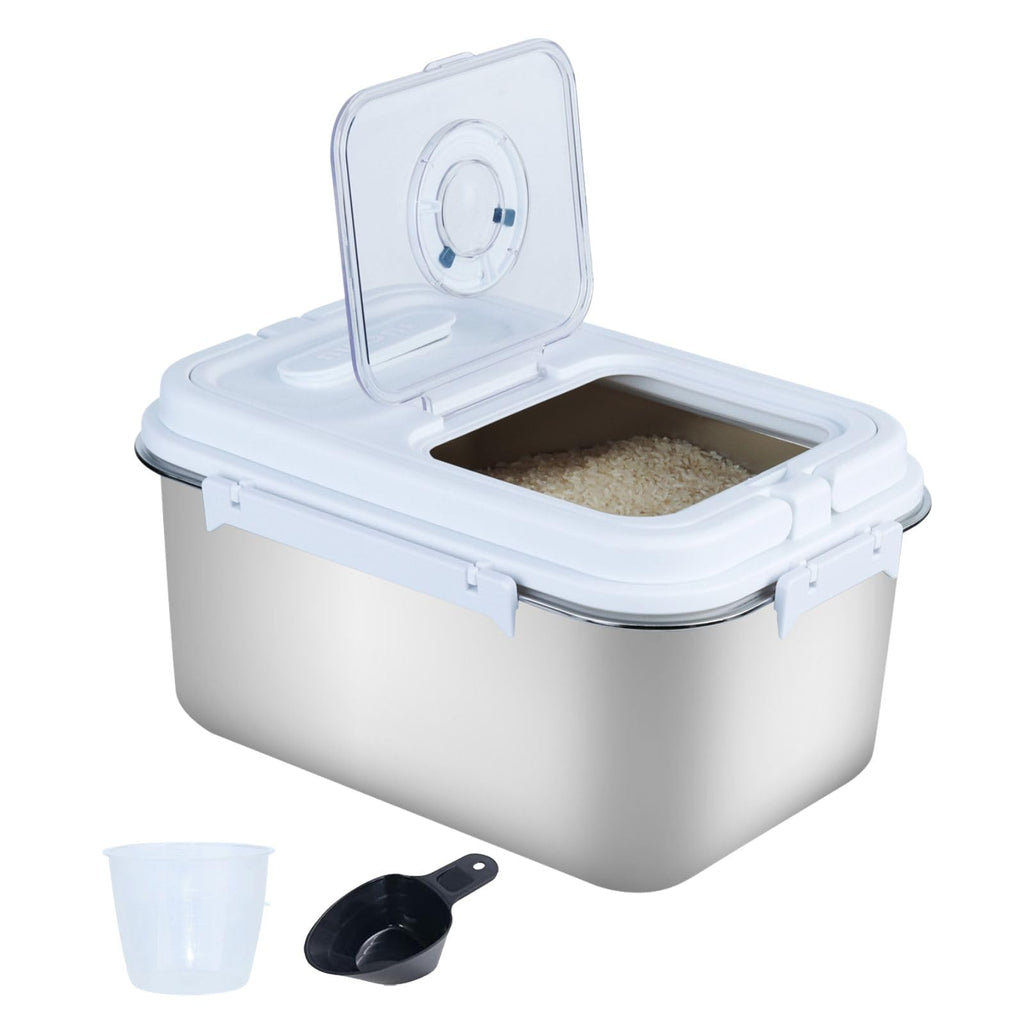 Mairuker 20Lbs Airtight Rice Container with Flip Lid, Stainless Steel Food Storage Container with Date Tracker, Measuring Cup and Spoon, 10L Portable Kitchen Pantry Bin for Flour Grain Sugar - Silver
