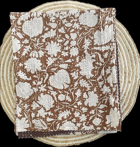 Handmade Kantha Quilt - Floral Cotton Throw Blanket, 108x108