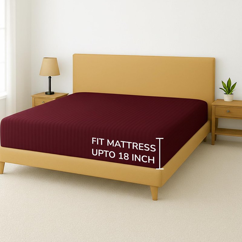 Feather & Stitch 1 Piece Fitted Sheet Full Size, 100% Cotton Damask Sateen Weave, Striped Breathable, Stretchable Elastic Sheet for Mattress 18 inch Deep Pocket, 500TC Premium Ultra Soft - Burgundy