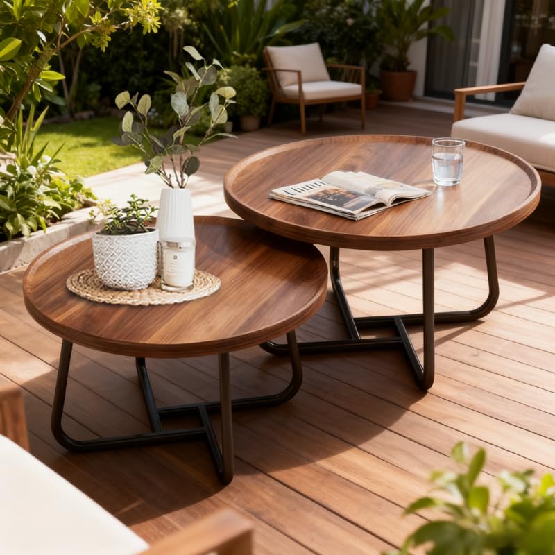 Round Nesting Coffee Table Set of 2, Walnut Wood Mid-Century Modern