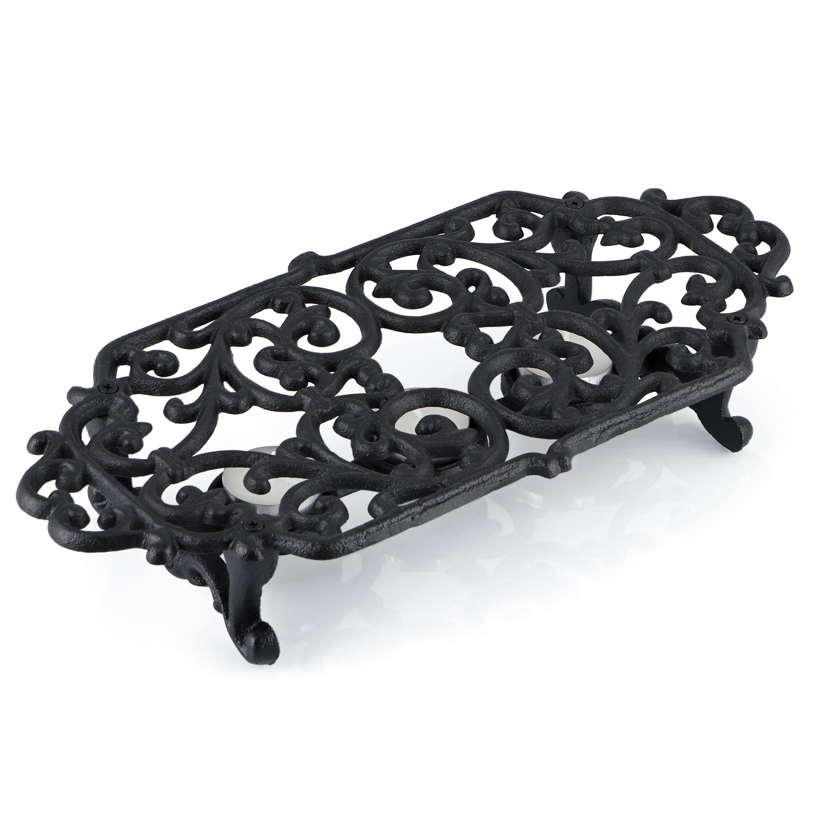 MOLIGOU Cast Iron Teapot Warmer, Teapot Warmer Stand with 3 Tealight Candle Holders, Teapot Heater Base