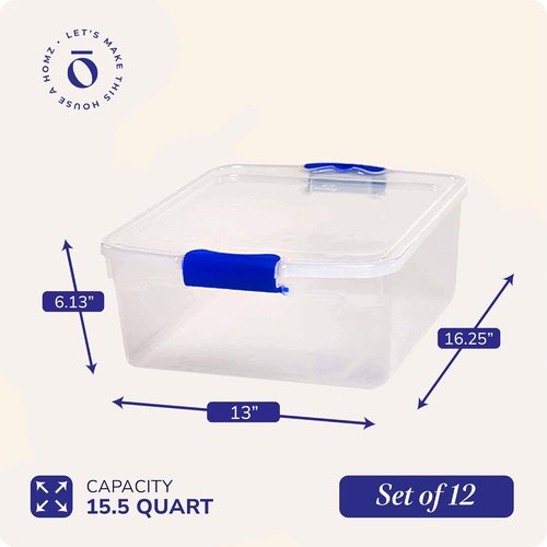 HOMZ Clear Plastic Storage Organizer Bins - 12-Pack 15.5 Quart Stackable Containers in Blue for Home & Office