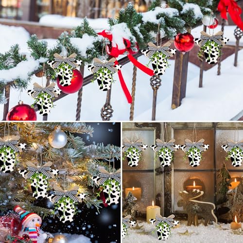 Foilswirl Black Cow Christmas Ornaments Set - 12 Rustic Wooden Holiday Decorations