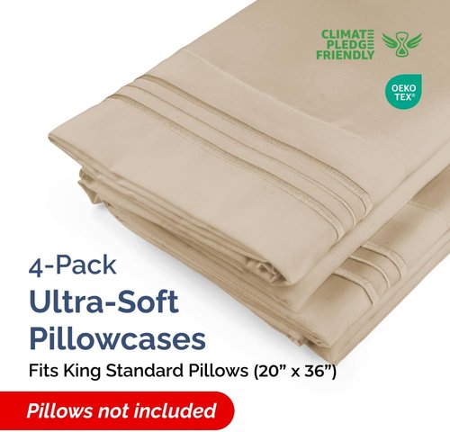 King Standard Pillow Cases - Soft Hotel Quality Pillowcase Covers | Comfy & Machine Washable - 4 Piece Set in Cream