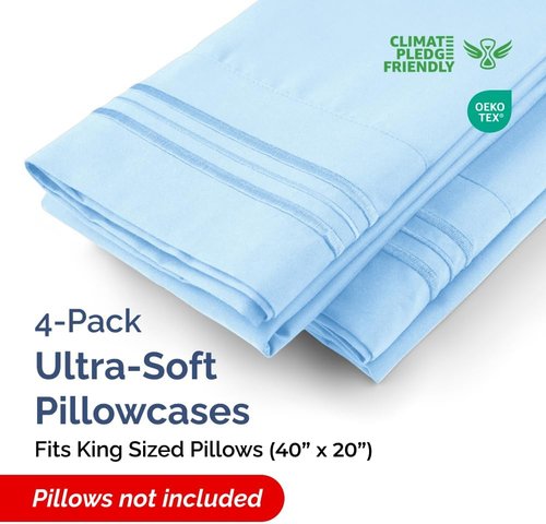 King Pillow Cases by [Brand Name] - Ultra Soft Hotel Quality Covers | Wrinkle-Free, Stain-Resistant - 4 Piece Set in Light Blue