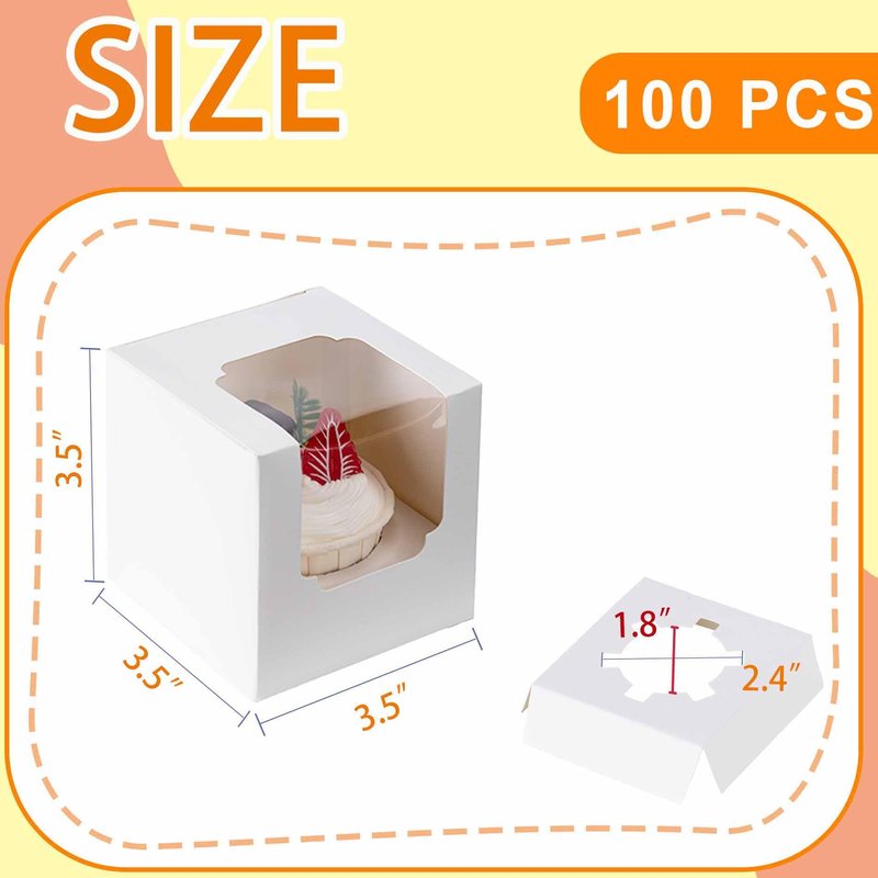 BOOMIBOO 100 Pack Individual Cupcake Containers, Cupcake Boxes with Window, Food Grade Cupcake Holders with Inserts, Stackable Deep Cupcake Carrier (White)