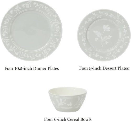 Martha Stewart Dinnerware Set - Maiden Crown 12-Piece Floral Dish Set in Sage Green | Microwave & Dishwasher Safe