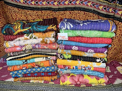 Handmade Indian Vintage Kantha Quilts - Reversible Cotton Blanket, Twin Size 85x55 Inches