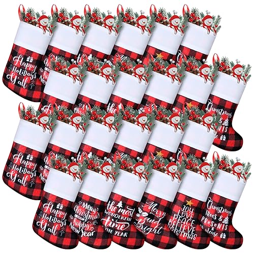 Skylety 24 Pcs Small Christmas Stockings Bulk 9" Buffalo Plaid Red and Black Word Variation