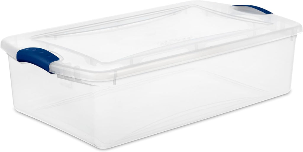 Sterilite 32 Quart Clear Plastic Storage Bins - Stackable Underbed Containers with Lids & Blue Latches