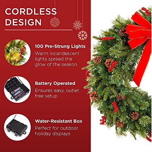 30-Inch Pre-Lit Artificial Christmas Wreath with 100 Lights and Pine Cones