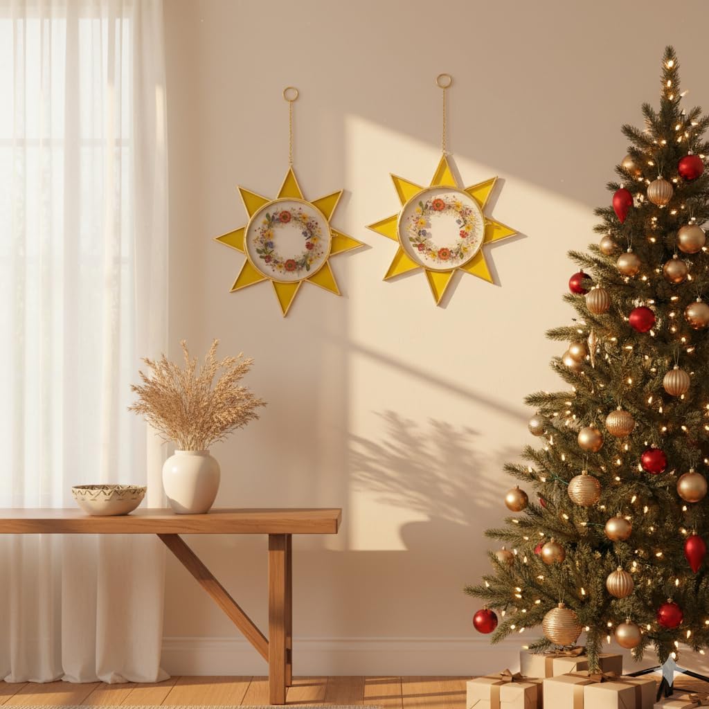 Sunburst Pressed Flower Frames - Decorative Double Glass Wall Art | Horizontal Display for Dried Flowers & Plants, Gold