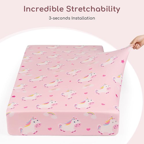 Yukkidds Pack and Play Sheets Fitted Mini Crib Sheets for Pack N Play Mattress Stretchy Sheet for Playpen and Playard Bedding Soft Breathable 2 Pack Pink Unicorn