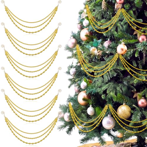 Thenshop Gold Christmas Bead Garland with Hooks 19.5 Inch - 6 Pack, Classic Holiday Decor