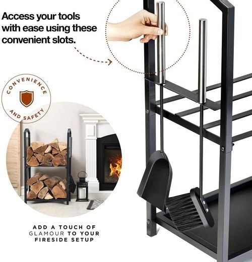 HOME IT Firewood Rack - 2-Tier Indoor/Outdoor Holder with Tools Set | Waterproof Steel Pipe, Black, 17x12x29