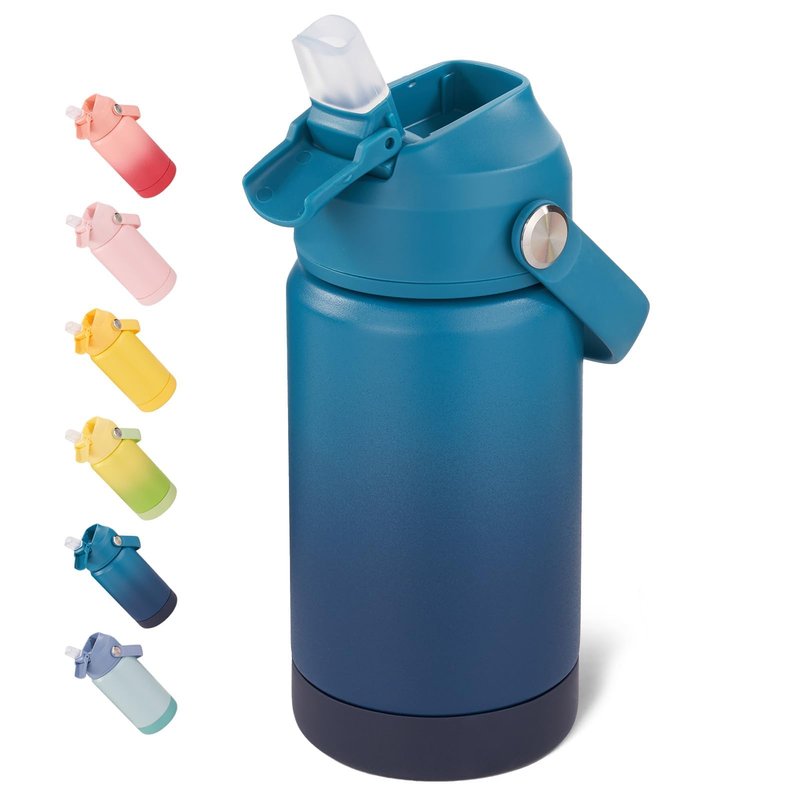 Fijinhom 12 oz Water Bottle, Kids Water Bottles for School, Toddler Water Bottle with Straw & Handle, 304 Stainless Steel Insulated Water Bottle, Non-slip Silicone Base, BPA Free, Gradient Blue