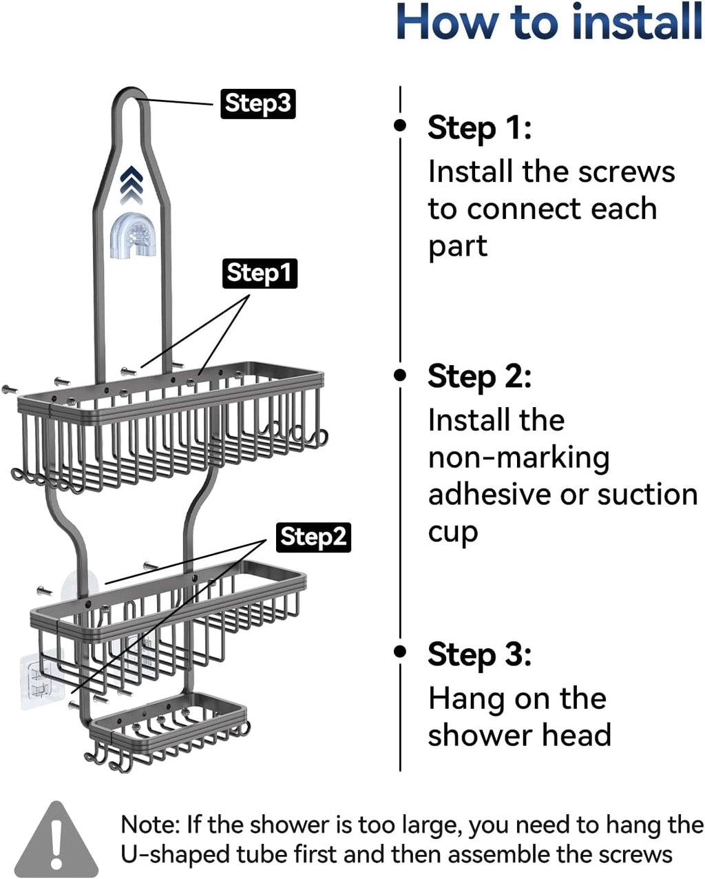 YASONIC Shower Caddy - Rust-Proof Aluminum Organizer with 10 Hooks & Soap Basket - Grey