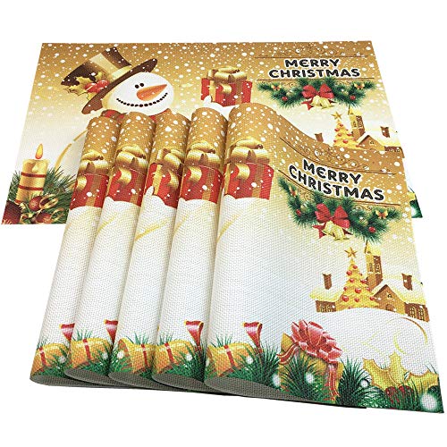 Christmas Placemats Set of 6 Non-Slip Heat-Resistant PVC Snowman Tree Decor
