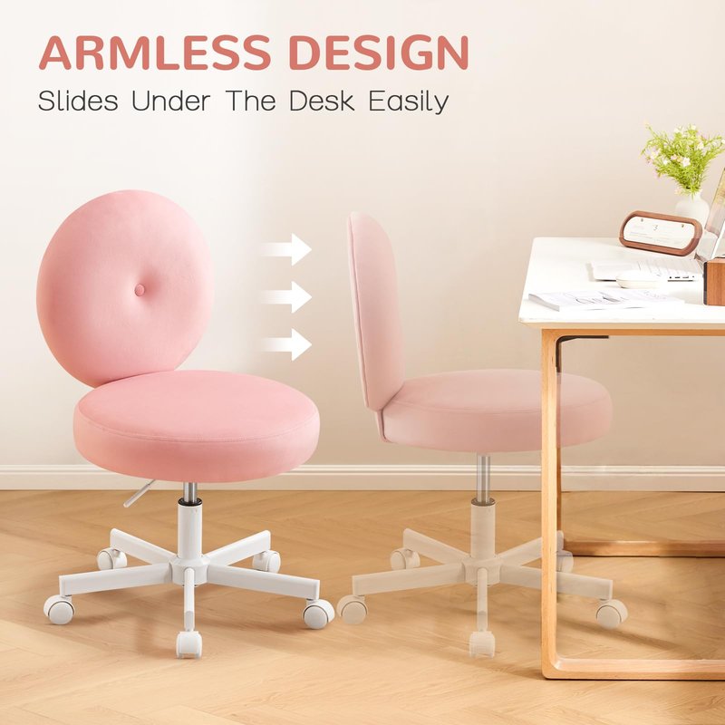 Furniliving Round Velvet Vanity Chair with Wheels, 360° Swivel Armless Desk Chair, Adjustable Height Rolling Makeup Chair for Bedroom Study Room, Pink