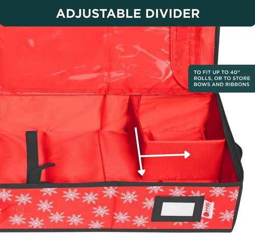 HOLDN' STORAGE Premium Wrapping Paper Storage Container - Durable 600D Tear-Proof Design | Fits 27 Rolls, Extra Pockets for Ribbons & Bows, Red/White Snowflakes