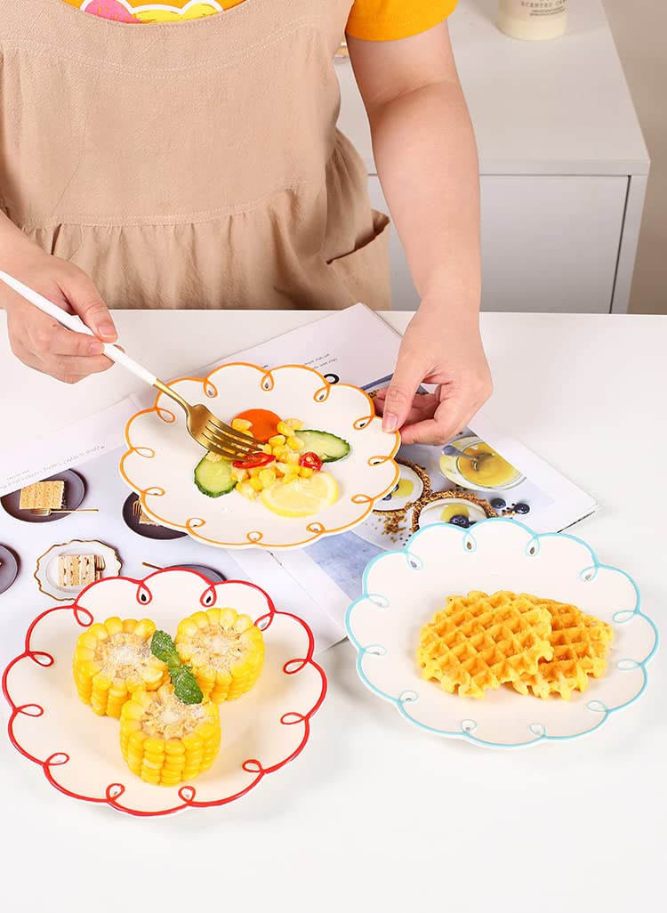 Colias Wing 8 Inches Red Edge Design Flower Shaped Ceramic Dinner Plates-Set of 2-White